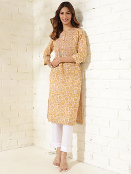 Fabindia - Yellow Cotton Hand Block Printed Long Kurta