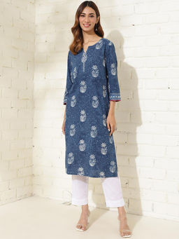 Fabindia - Indigo Cotton Dabu Printed Long Kurta