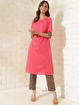Fabindia - Pink Cotton Hand Block Printed Slim Fit Kurta and Pant (Set of 2)