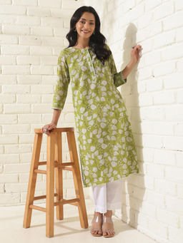 Fabindia - Green Cotton Hand Block Printed Long Kurta