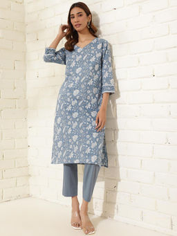 Fabindia - Avni Blue Cotton Printed Kurta and Pant (Set of 2)