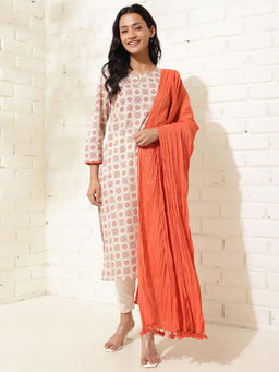 Fabindia - Avni White Cotton Printed Kurta and Dupatta (Set of 2)