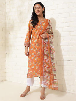 Fabindia - Avni Orange Cotton Printed Kurta and Dupatta (Set of 2)