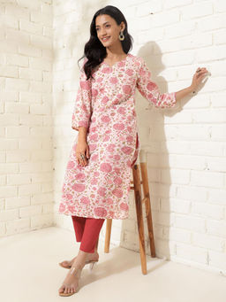 Fabindia - White Cotton Printed Long Kurta