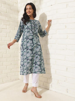 Fabindia - Blue Cotton Hand Block Printed Long Kurta