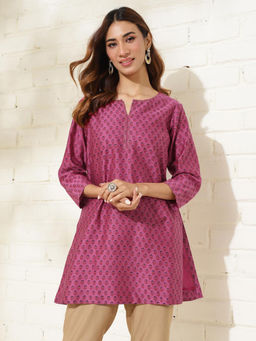Fabindia - Magenta Cotton Silk Hand Block Printed Slim Fit Kurti