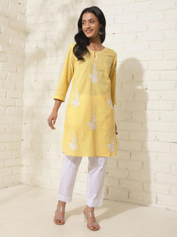 Fabindia - Yellow Cotton Chikankari Mid Short Kurta