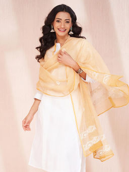 Fabindia - Yellow Cotton Silk Chikankari Dupatta