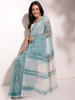 Fabindia - Green Cotton Silk Hand Block Printed Saree