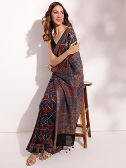 Fabindia - Indigo Cotton Silk Ajrakh Printed Saree