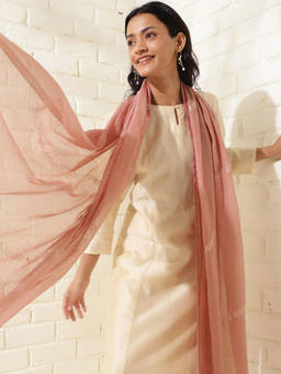 Fabindia - Pink Cotton Silk Embroidered Dupatta