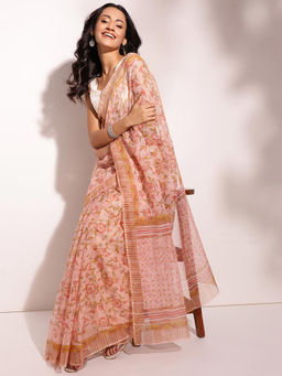 Fabindia - Peach Cotton Silk Hand Block Printed Saree
