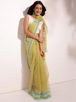 Fabindia - Green Cotton Silk Hand Block Printed Saree