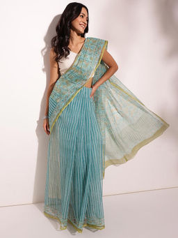 Fabindia - Aqua Cotton Silk Hand Block Printed Saree