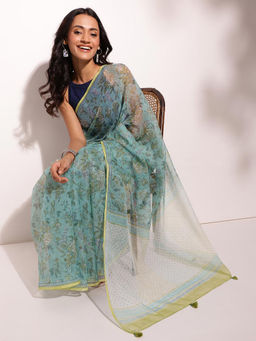 Fabindia - Aqua Cotton Silk Hand Block Printed Saree
