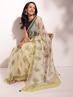 Fabindia - Beige Cotton Silk Hand Block Printed Saree