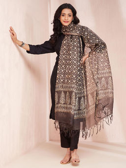 Fabindia - Grey Cotton Silk Blend Dabu Printed Dupatta