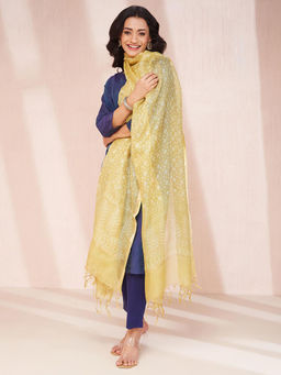 Fabindia - Green Cotton Silk Blend Dabu Printed Dupatta