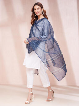 Fabindia - Indigo Cotton Silk Blend Dabu Printed Dupatta