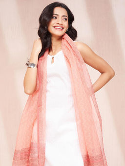 Fabindia - Pink Cotton Silk Hand Block Printed Dupatta