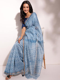 Fabindia - Teal Cotton Silk Blend Saree