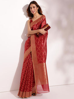 Fabindia - Maroon Cotton Silk Blend Woven Saree