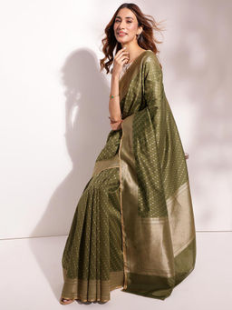 Fabindia - Green Cotton Silk Blend Woven Saree