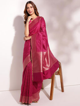 Fabindia - Magenta Cotton Silk Blend Woven Saree