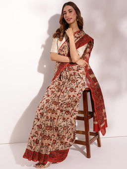 Fabindia - Beige Cotton Silk Blend Bagru Printed Saree