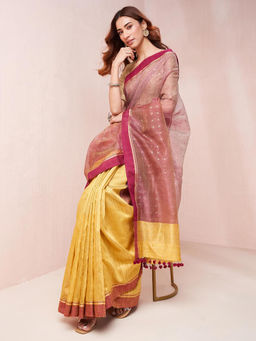 Fabindia - Mustard Silk Blend Woven Saree