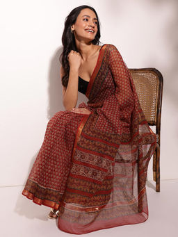 Fabindia - Maroon Cotton Silk Blend Bagru Printed Saree