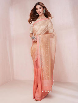 Fabindia - Peach Linen Blend Woven Saree