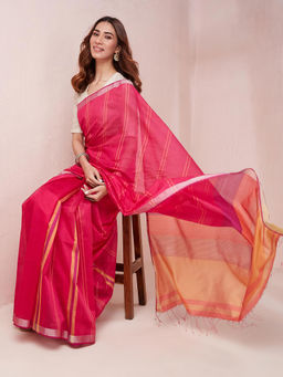 Fabindia - Pink Viscose Blend Woven Saree