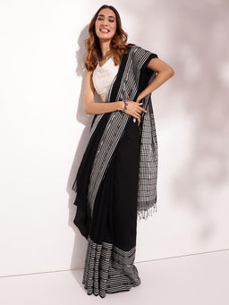 Fabindia - Black Cotton Blend Woven Saree