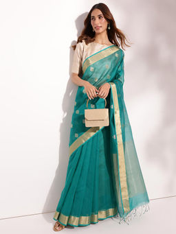 Fabindia - Teal Cotton Silk Blend Chanderi Saree
