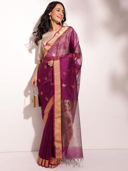 Fabindia - Purple Cotton Silk Blend Chanderi Saree