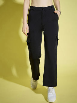 Buynewtrend - Black Straight Fit Full Length Solid Cargo Pant