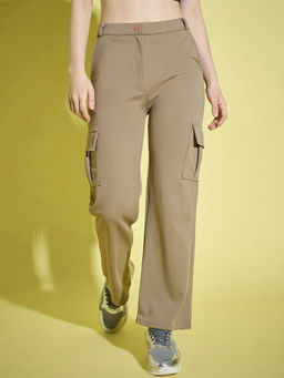 Buynewtrend - Beige Straight Fit Full Length Solid Cargo Pant