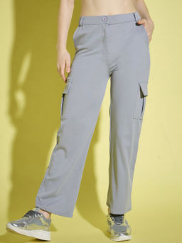 Buynewtrend - Grey Straight Fit Full Length Solid Cargo Pant