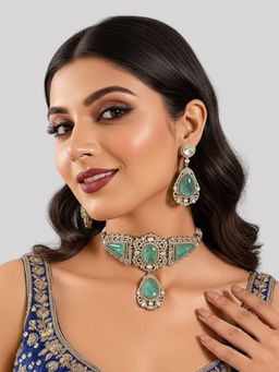 Auraa Trends - Luxury Aqua Green Stone Necklace Set for Bridal Statement Jewellery