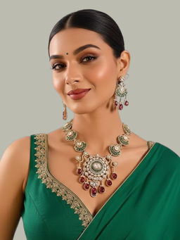 Auraa Trends - Traditional Green and Ruby Red Stone Bridal Necklace Set