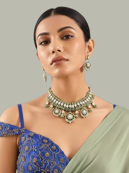 Auraa Trends - Green Kundan Beaded Necklace Set Festive Wear