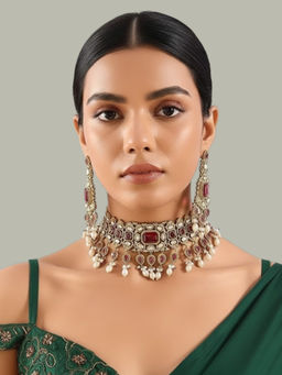 Auraa Trends - Royal Kundan Necklace Set with Ruby Red Stones and Pearl Drops