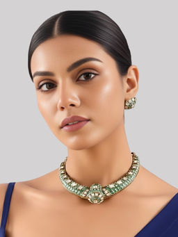 Auraa Trends - Mint Green Kundan Polka Necklace Set with Gold Plated Bridal Jewellery