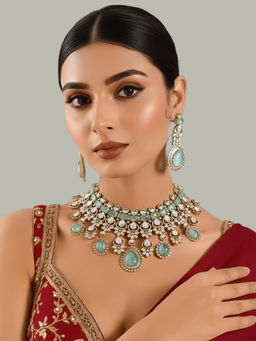 Auraa Trends - Gold-Plated Kundan Necklace Set with Mint Green Stones Jewellery