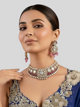 Auraa Trends - Gold-Plated Kundan Necklace Set with Ruby Pink Stones and Matching Earrings
