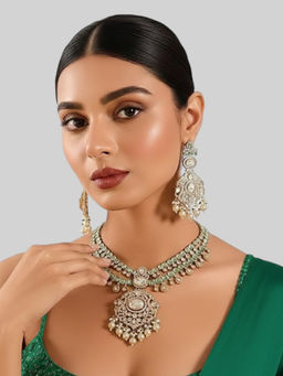 Auraa Trends - Gold-Plated Kundan Long Necklace Set with Mint Green Stones and Pearl Drops