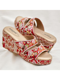 Around Always - Gulbarg Red Embroidered Wedges Heel