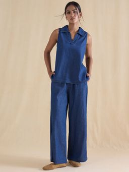 Femmella - Women Navy Blue Denim Solid Co-Ord Set