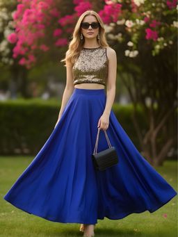 Sera - Women Gold Polyester Embellished Top with Skirt